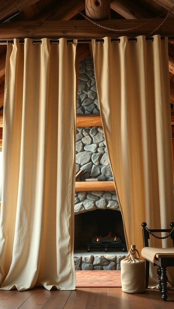 Beige curtains in a rustic setting with a stone fireplace and wooden beams