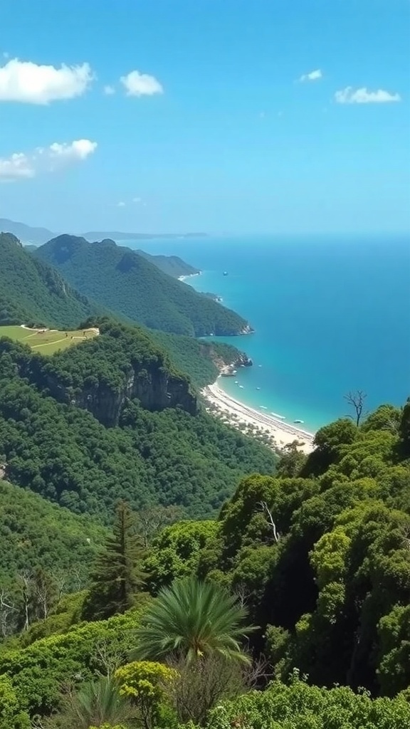 A panoramic view of Son Tra Peninsula showcasing lush green mountains and a beautiful coastline.