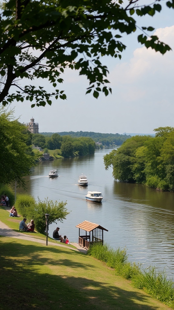 A serene river view with boats, surrounded by lush greenery and people relaxing by the water.