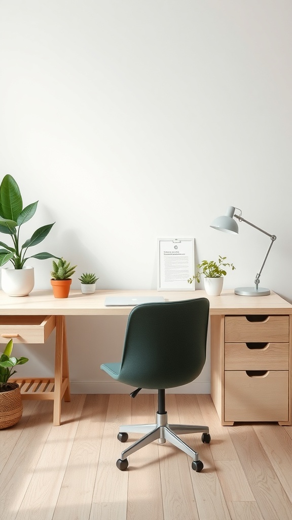 Minimal desk setup with plants, a lamp, and a chair
