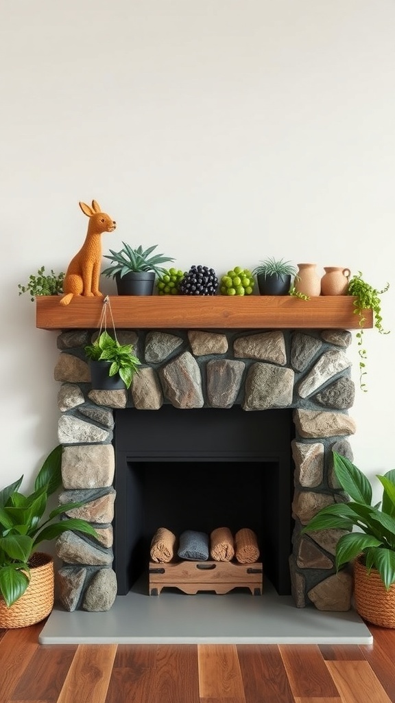 A cozy fireplace with stonework, decorated with greenery, a deer figurine, and woven baskets.