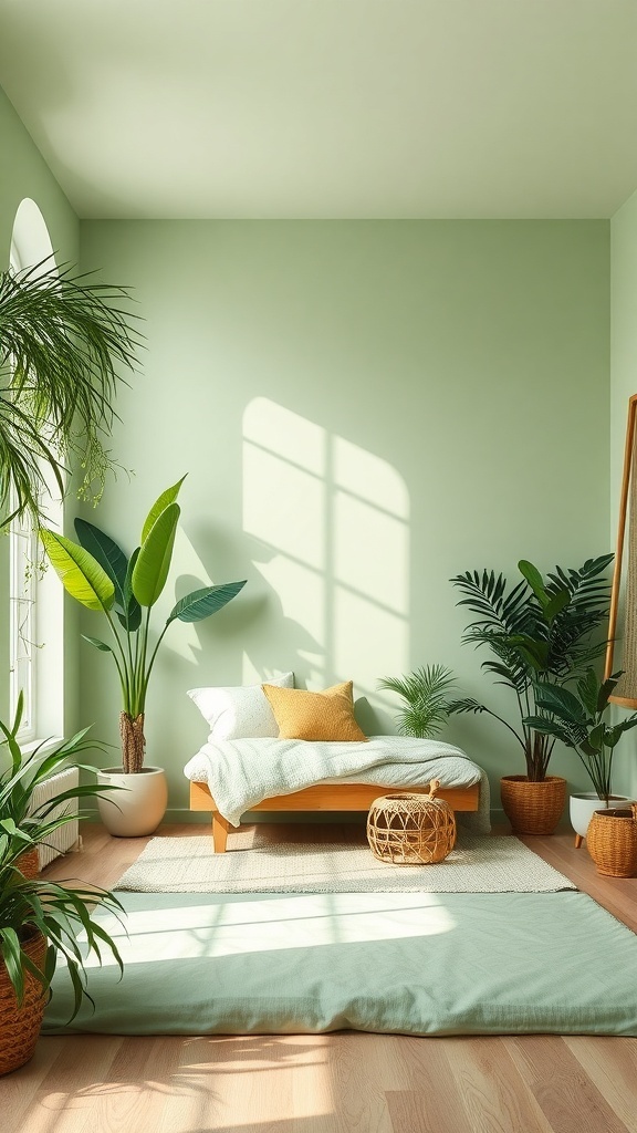 A serene bedroom with soft green walls, a cozy bed, and various plants, creating a refreshing and calming atmosphere.