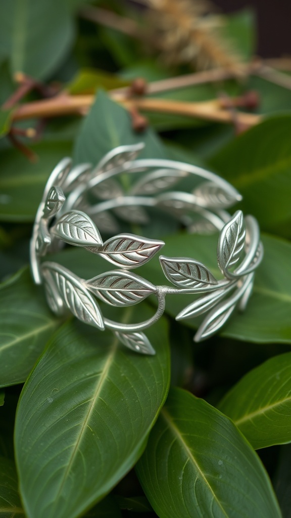 A silver bracelet with leaf motifs resting on green leaves.