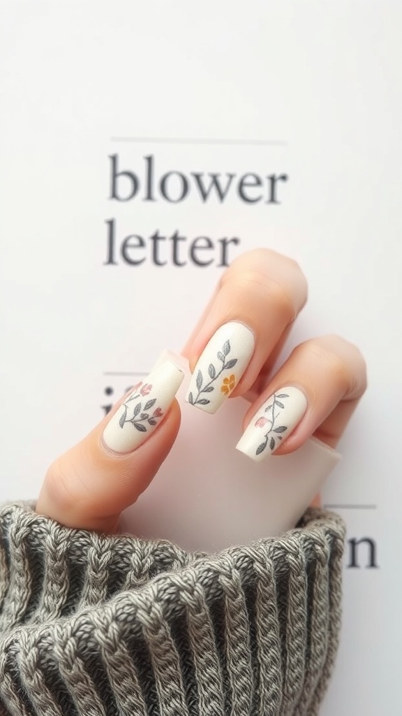 A hand with nature-inspired minimalist nails featuring floral designs on a creamy white background.
