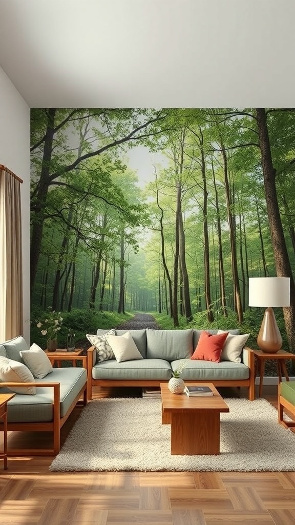 A living room featuring a nature-inspired mural with trees and greenery, complemented by wooden furniture.