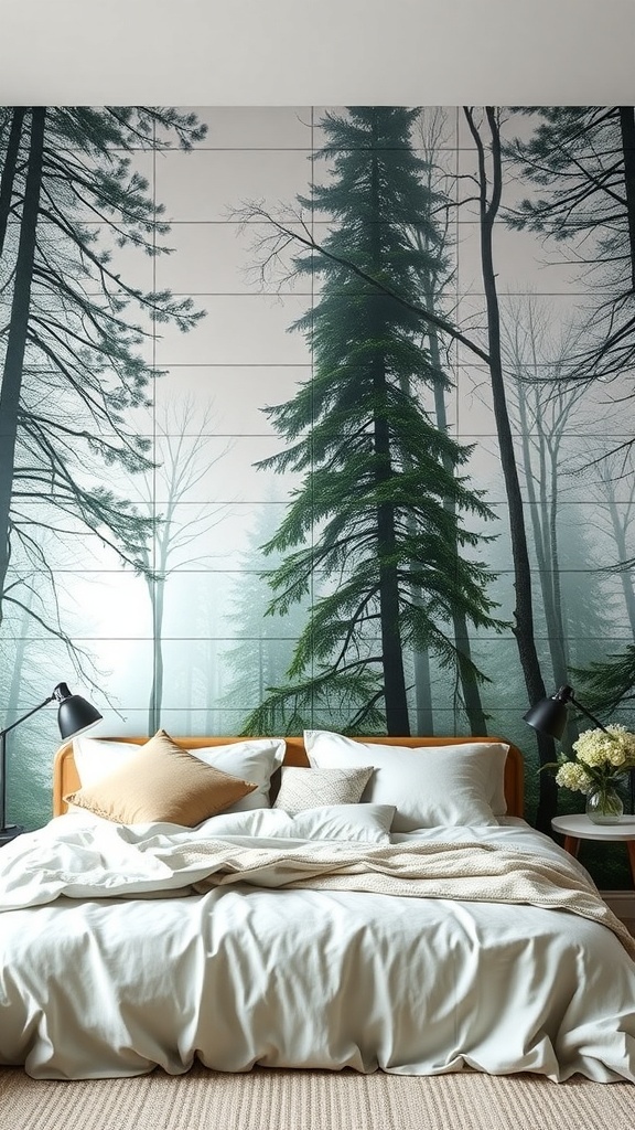 A bedroom featuring a nature-inspired mural of tall trees in mist, with cozy bedding and warm wooden furniture.