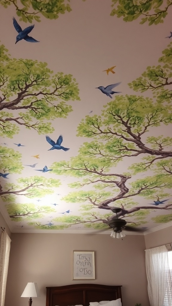 Ceiling mural featuring trees and birds