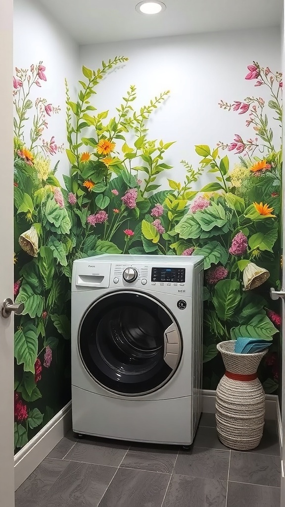 A laundry room with a nature-inspired mural featuring colorful flowers and greenery.