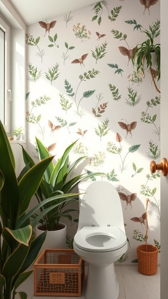 A bathroom with nature-inspired wallpaper featuring plants and butterflies, complemented by potted plants.