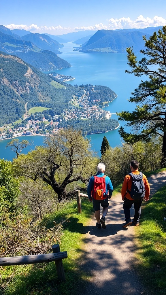 Two hikers walking on a scenic trail overlooking Lake Como, surrounded by lush greenery and mountains.