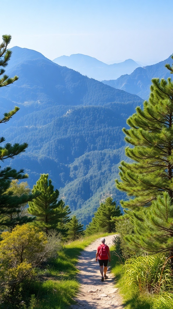 A hiker walking on a nature trail surrounded by mountains and greenery.