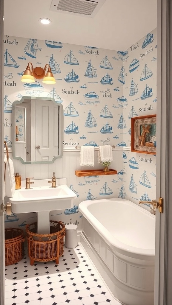 A bathroom with nautical-themed wallpaper featuring sailboats, a white sink, and a bathtub.