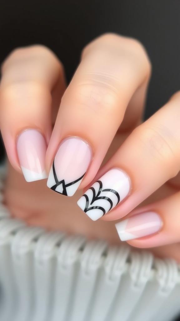 Close-up of minimalist negative space nail art with pink base and black designs.