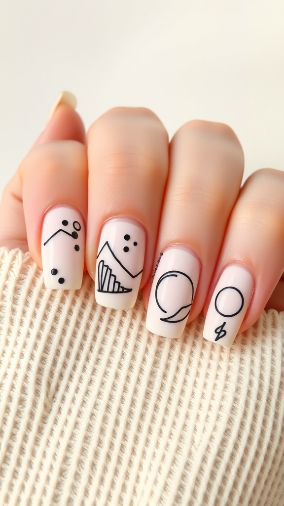 Nude nails with black geometric patterns showcasing negative space design