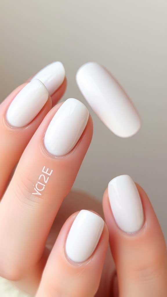 Close-up of negative space white almond nails with a glossy finish.