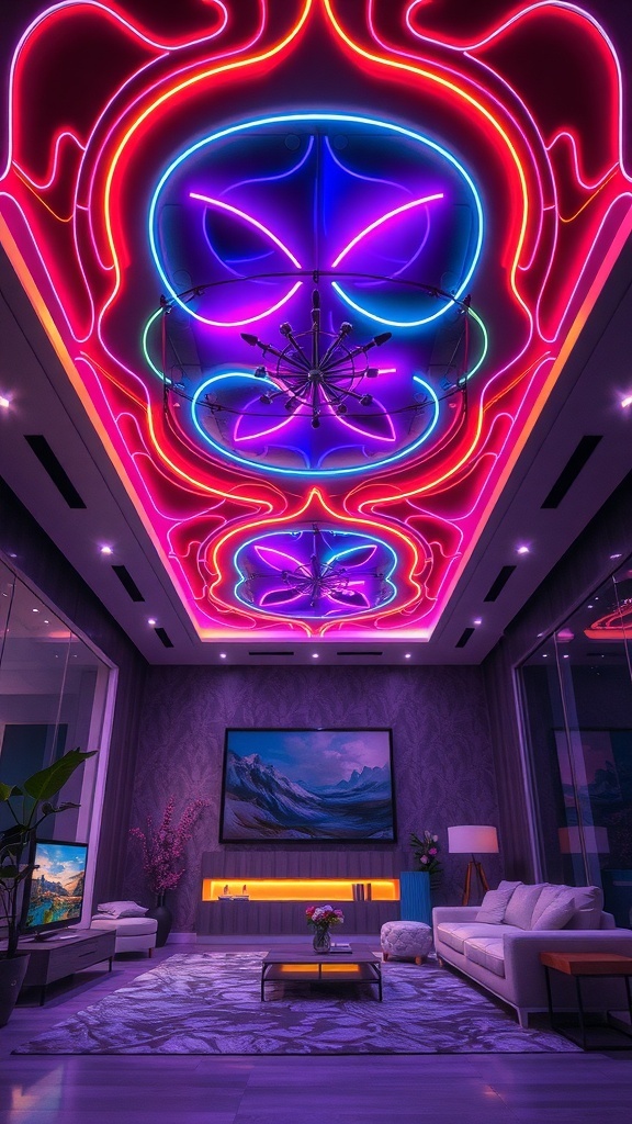 A modern living room with a vibrant neon ceiling design featuring pink, purple, and blue lights.