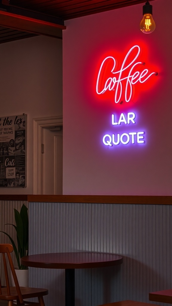 A neon sign that says 'Coffee' in bright colors, with a cozy cafe setting.