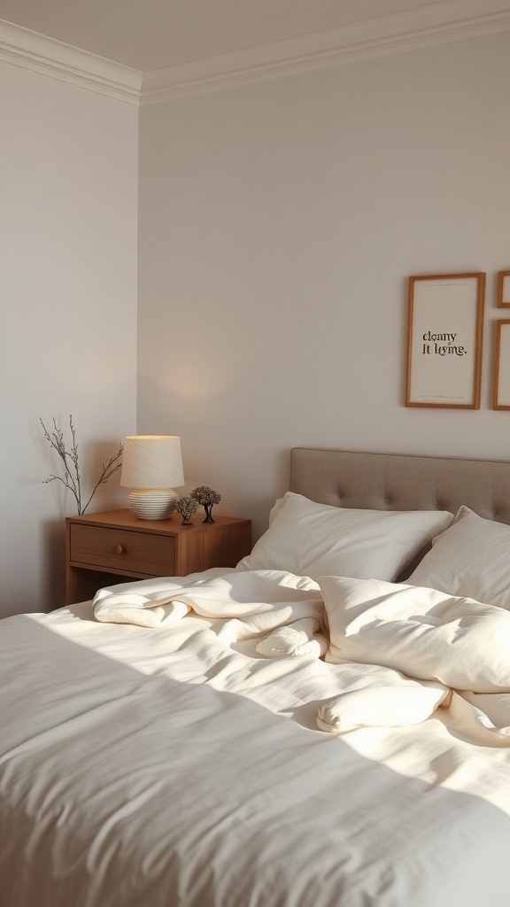 A serene bedroom with neutral tones, featuring a cozy bed, soft bedding, and a warm bedside lamp.