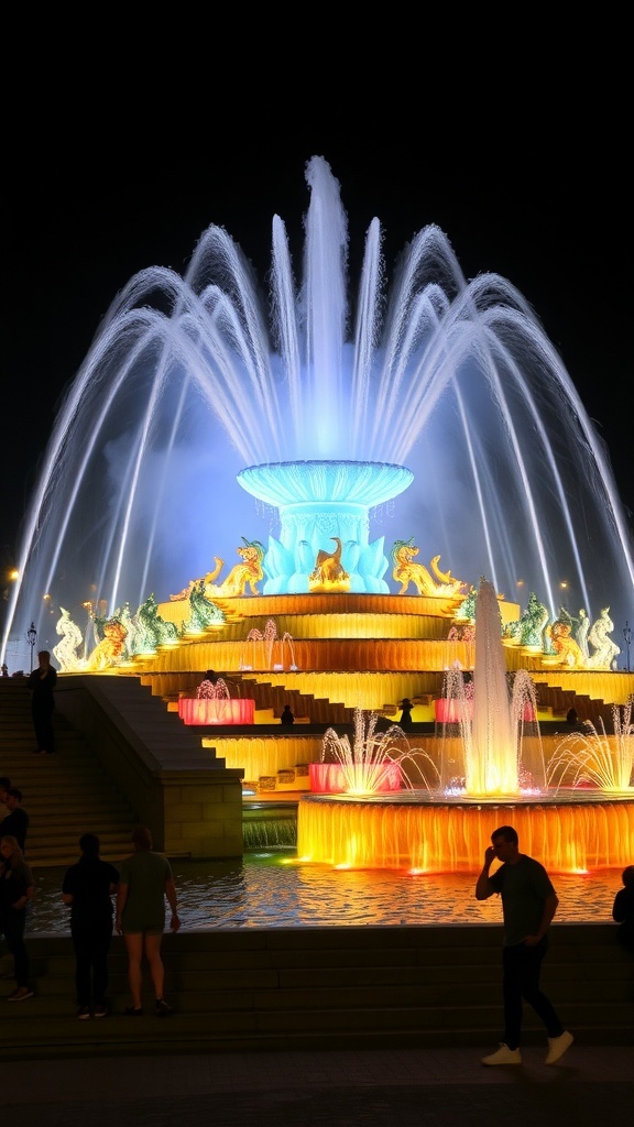 The Magic Fountain of Montjuïc illuminated at night with colorful lights and water jets.