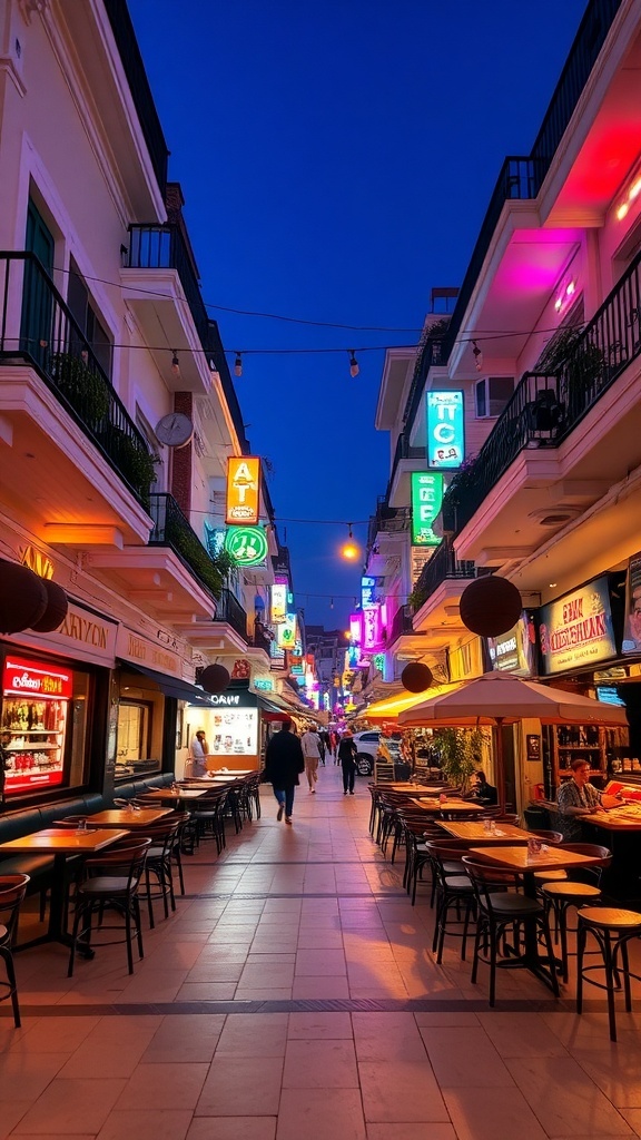 Vibrant street in Alanya at night with colorful lights and outdoor dining.
