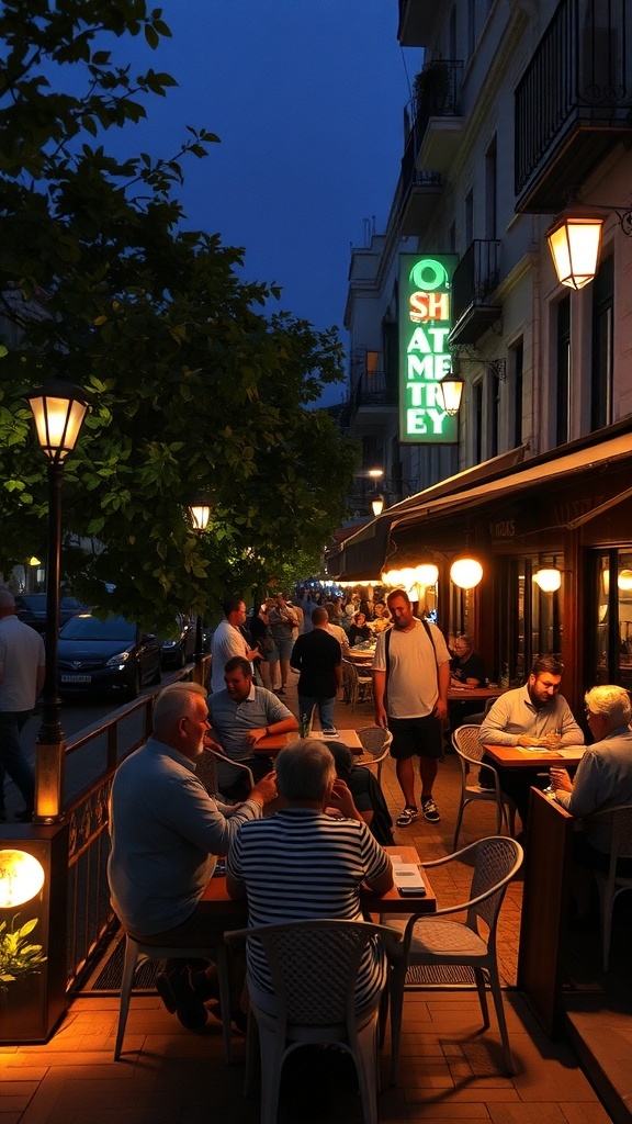 A bustling street scene in Izmir at night, with people dining outdoors and a bright neon sign illuminating the area.