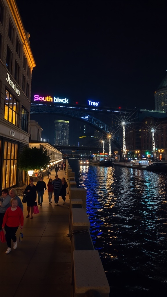 Night view of Southbank with colorful signs and people walking along the river