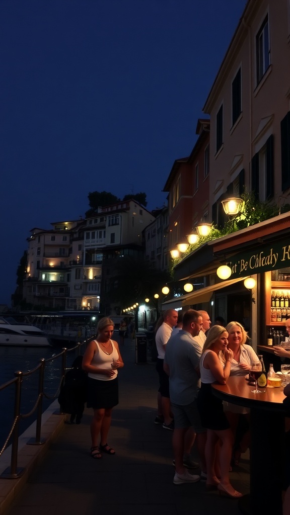 A lively bar scene in Portofino, Italy, with people enjoying drinks by the waterfront at night.