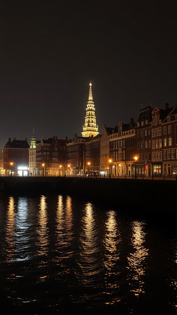Night view of Amsterdam with illuminated buildings and reflections on the canal