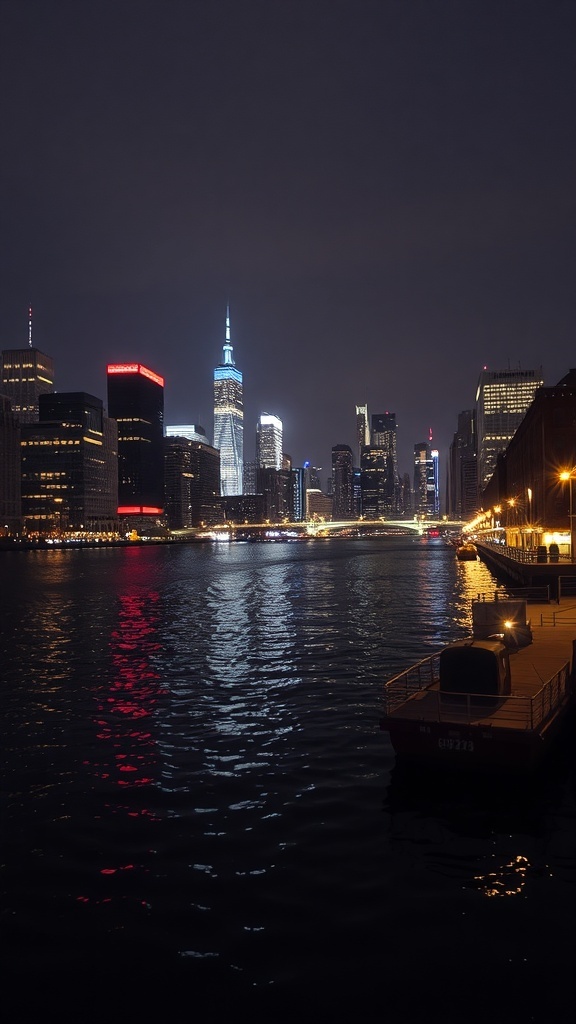 Night view of the Hudson River with city lights reflecting on the water.