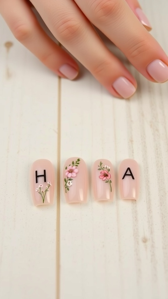 Nude nails with floral designs and letters on a wooden surface
