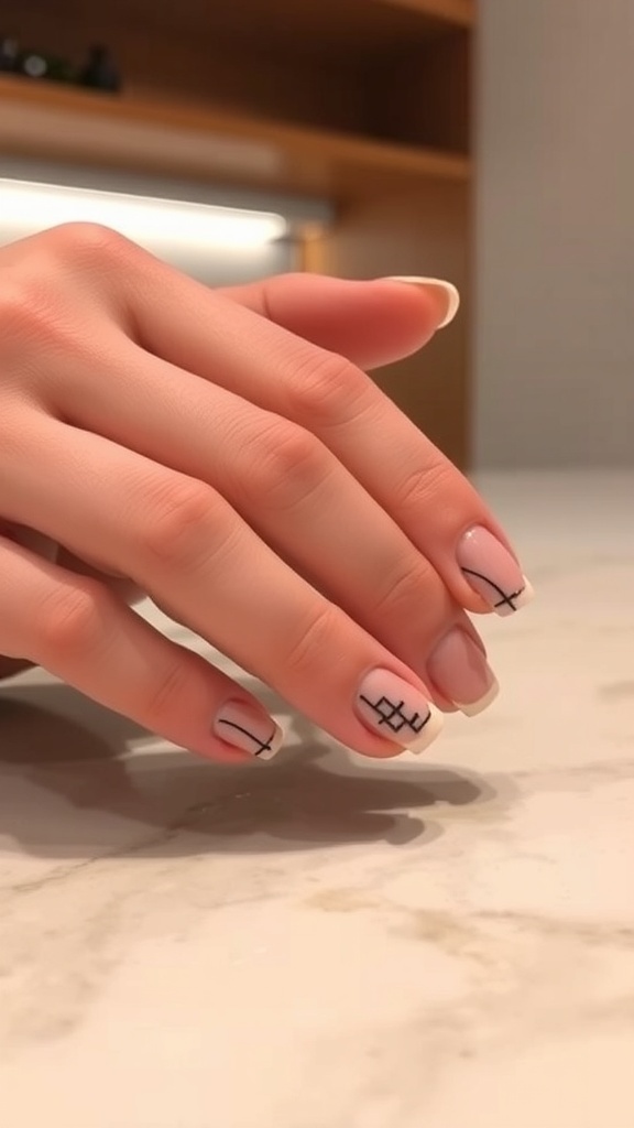 Nude nails with minimalist black lines on a hand resting on a marble surface