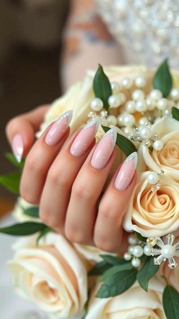 A close-up of a bride's hand holding a bouquet of roses, showcasing nude nails with pearl embellishments.