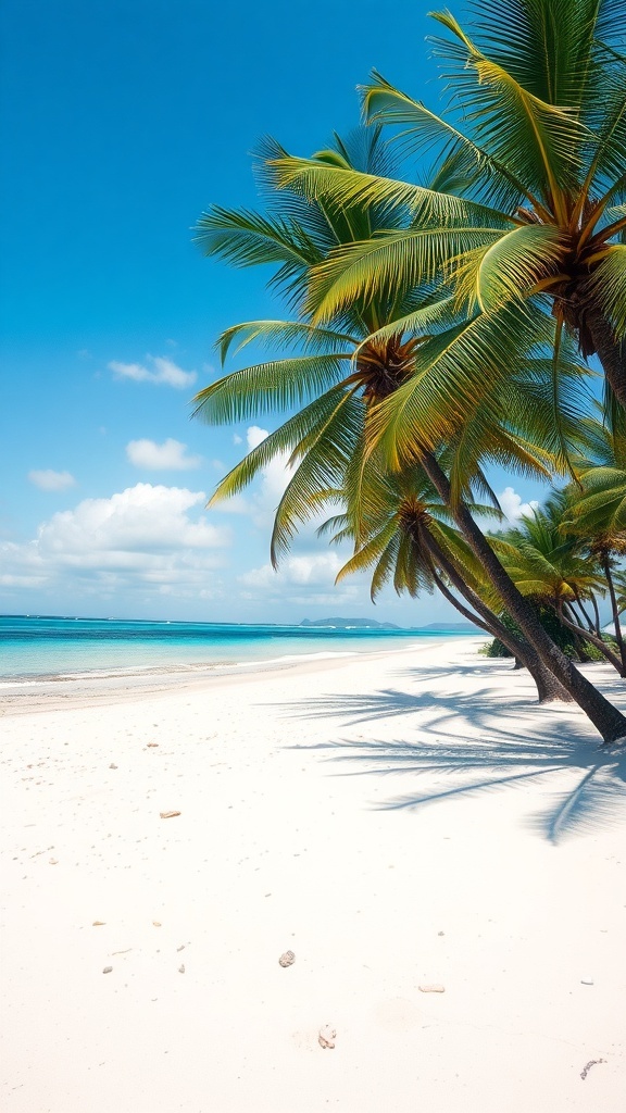 A beautiful beach in Nusa Dua, Bali, with palm trees and clear blue skies.
