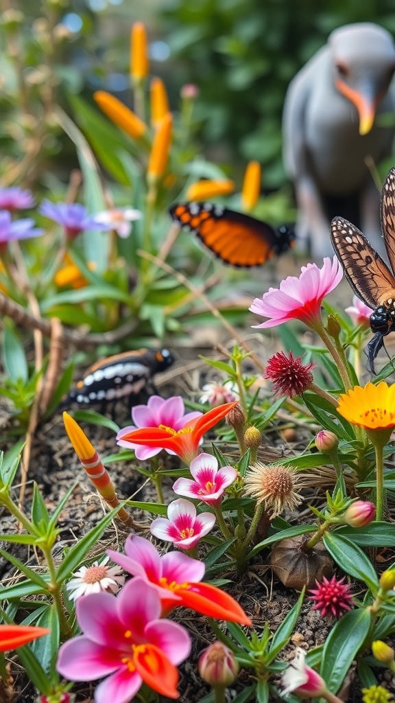 A colorful garden scene in Okinawa with butterflies and various flowers.