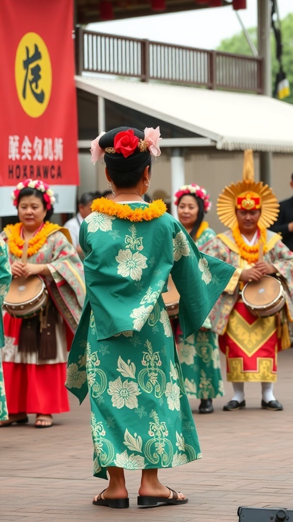 Performers in traditional Okinawan attire, showcasing music and dance