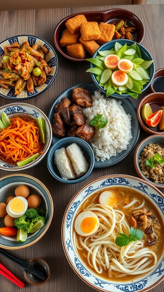 A colorful array of Okinawan dishes including noodles, rice, vegetables, and fried items.