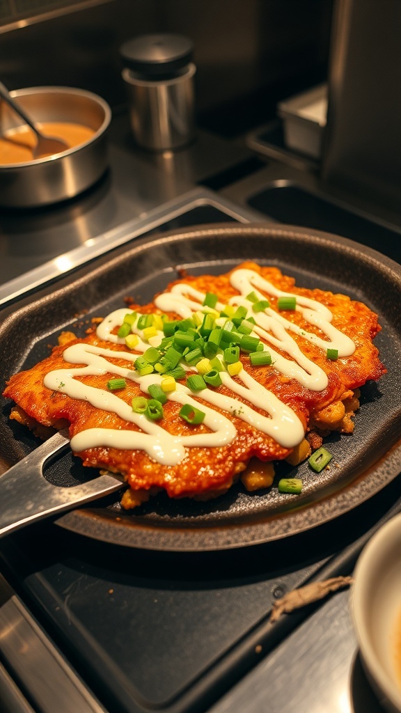 A freshly made okonomiyaki topped with mayonnaise and green onions on a griddle.