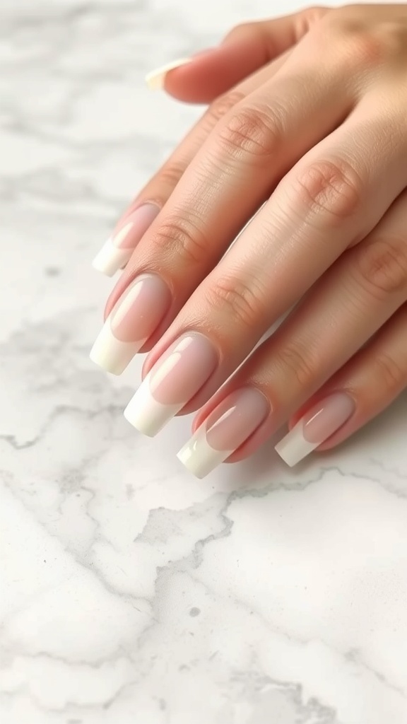 Close-up of a hand with white French nails featuring an ombre effect, showcasing a soft pink base and white tips.