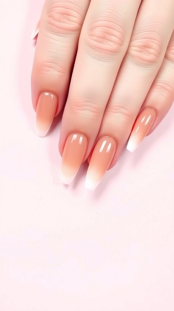 Nails featuring an ombre nude gradient from peach to white tips