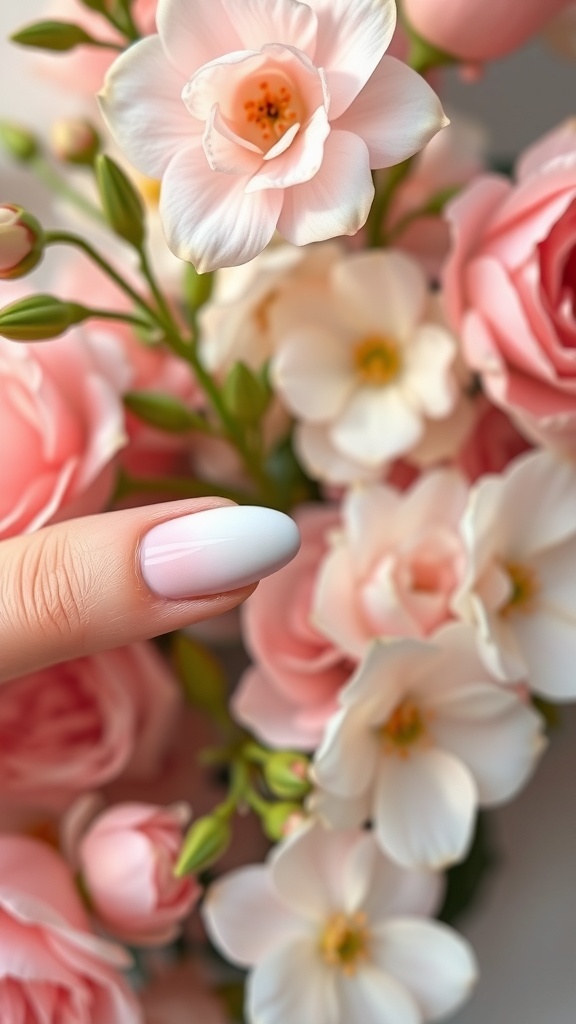 Ombre white almond nails with pink flowers in the background