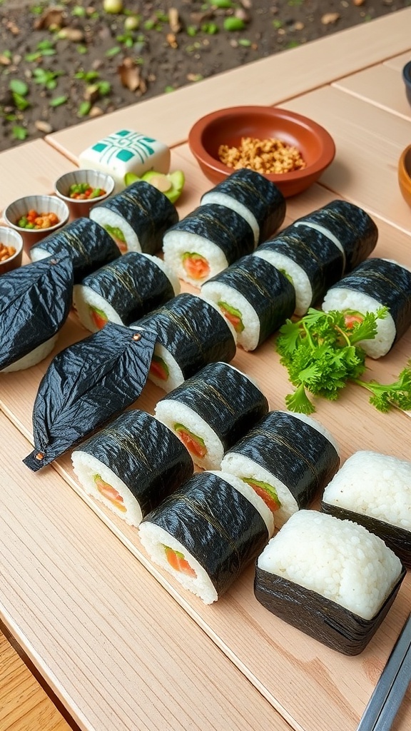 An assortment of onigiri rice balls with various fillings, neatly arranged on a wooden table.