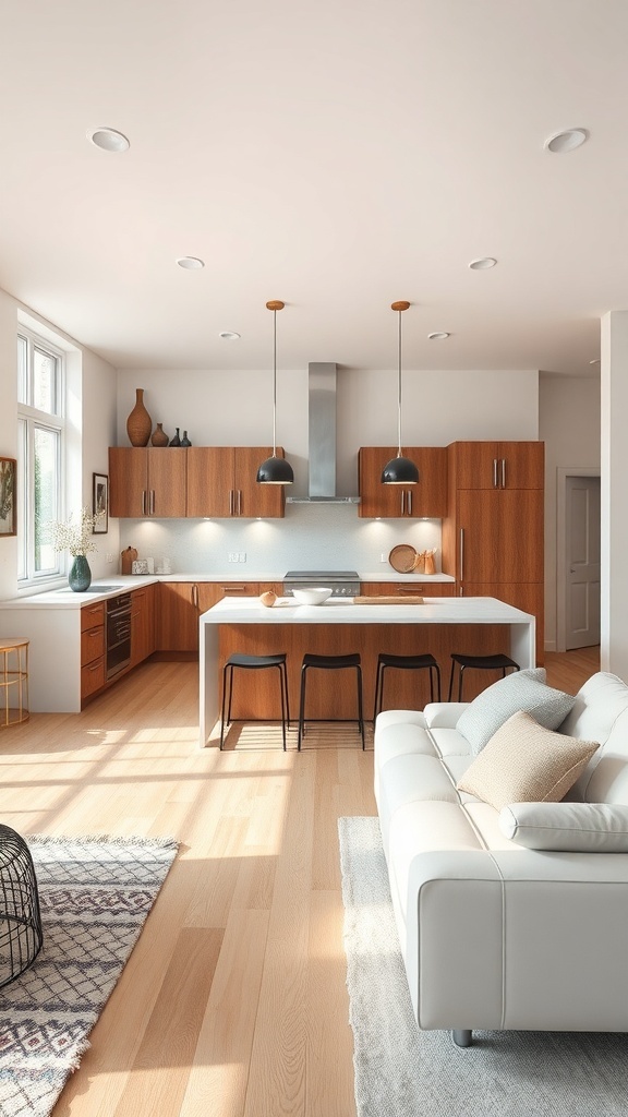 A modern open concept L shaped kitchen with wooden cabinets, white countertops, and a cozy living area.