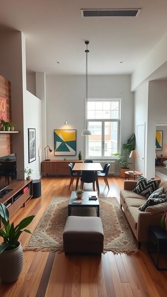 A stylish open concept living area in a small loft apartment featuring a cozy sofa, dining table, and large windows.