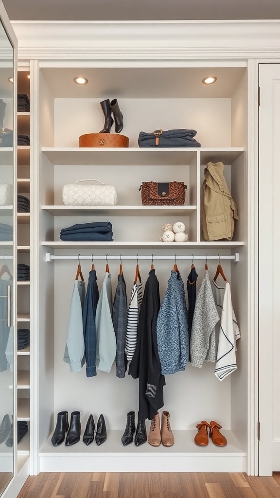 A modern wardrobe with open shelving displaying clothes, shoes, and accessories.