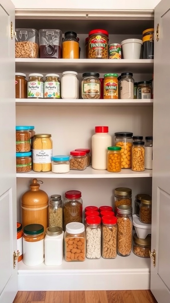 A well-organized pantry closet with open shelving, featuring various jars and containers filled with ingredients and snacks.