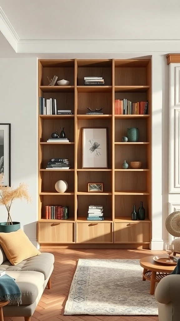 A stylish open shelving unit in a living room, showcasing books and decorative items.