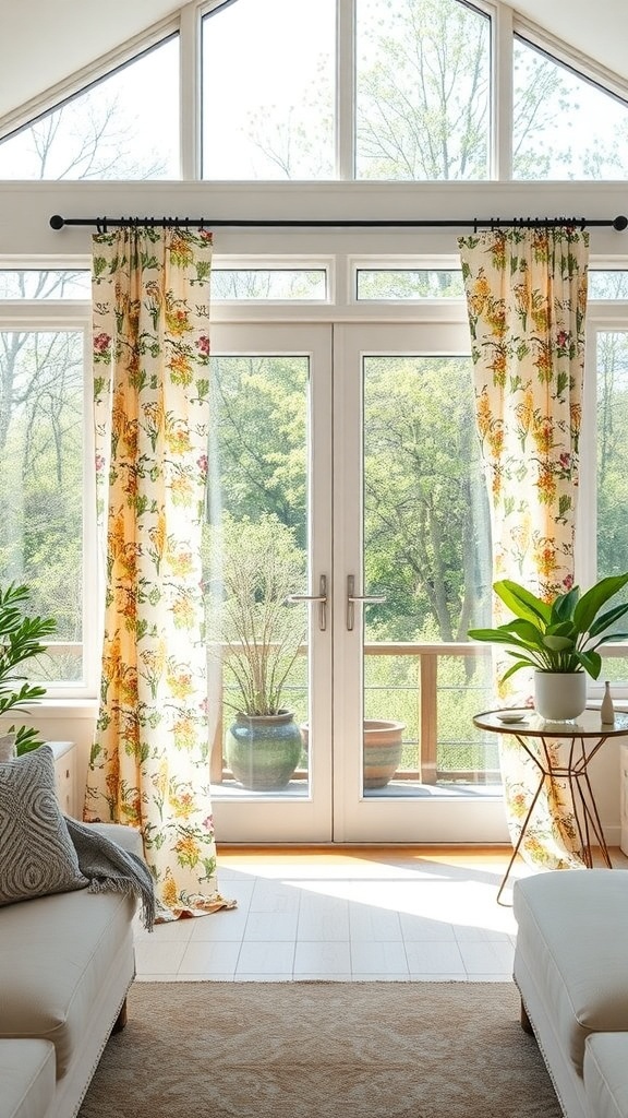 Bright floral sliding door curtains in a cozy living room with plants and natural light.