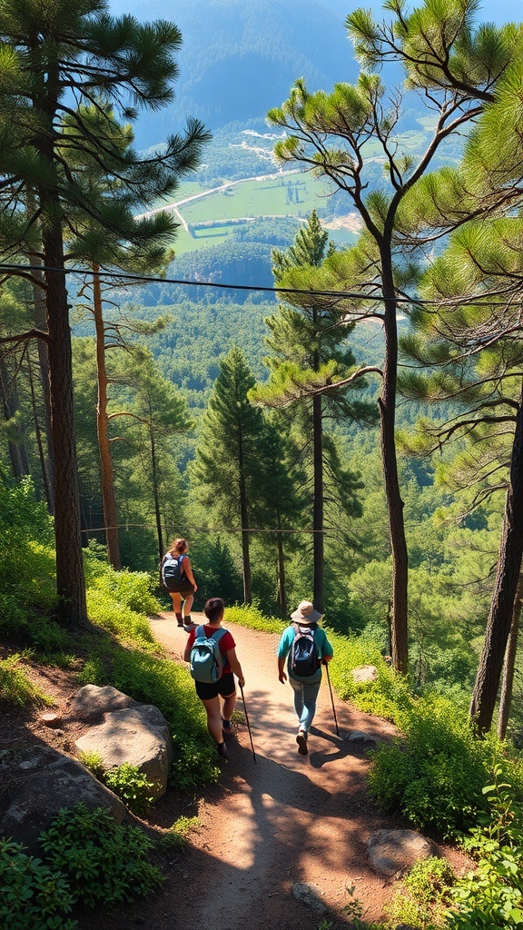 Hikers on a trail in Samos, Greece, surrounded by trees and a view of the valley.