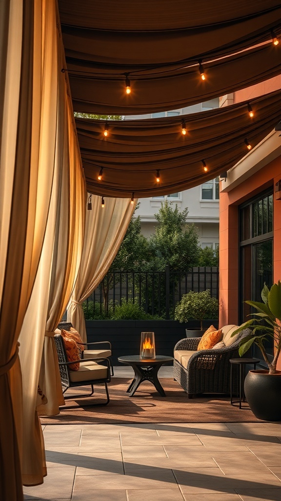 A cozy patio with flowing outdoor curtains, warm lighting, and comfortable seating