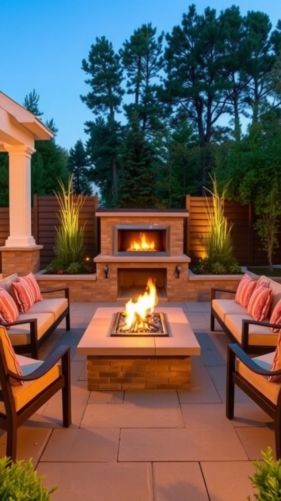 A cozy outdoor patio featuring a gas fireplace, comfortable seating, and lush greenery.